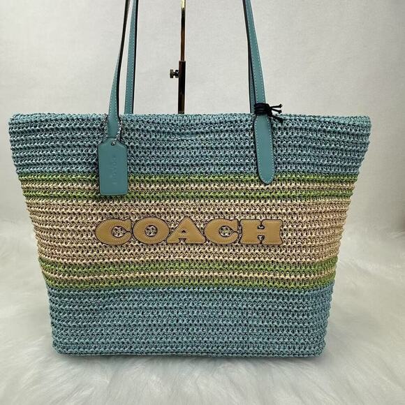 COACH City Tote Bag In Straw/Light Turquoise Multi CBG87 NWT - Picture 6 of 6